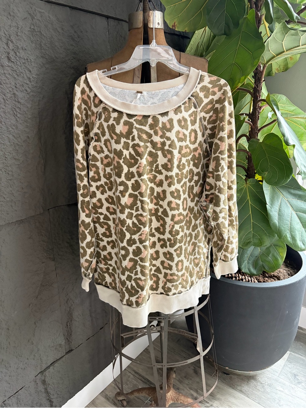 Free people Leopard Print Crewneck Women’s Sweater in Olive and Cream